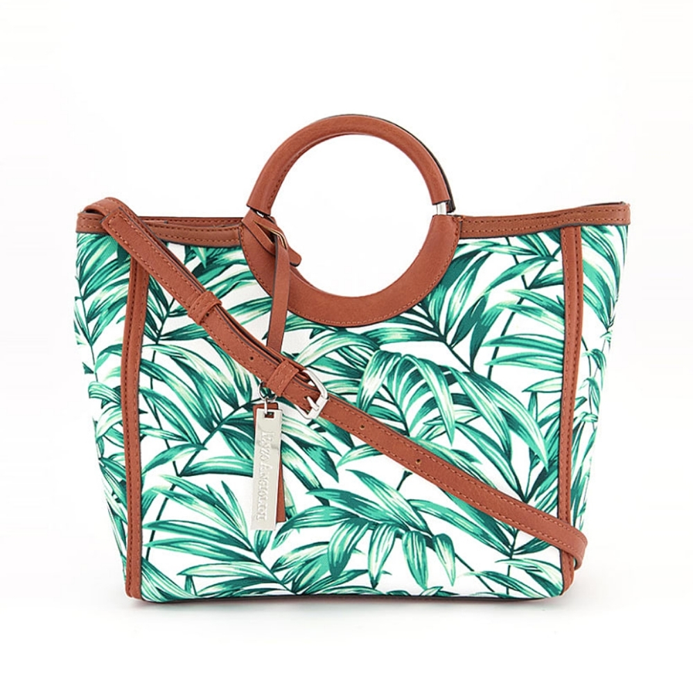 Enzo Angiolini Tropical Hawaiian Green & White Palm Leaf Print Canvas Bag